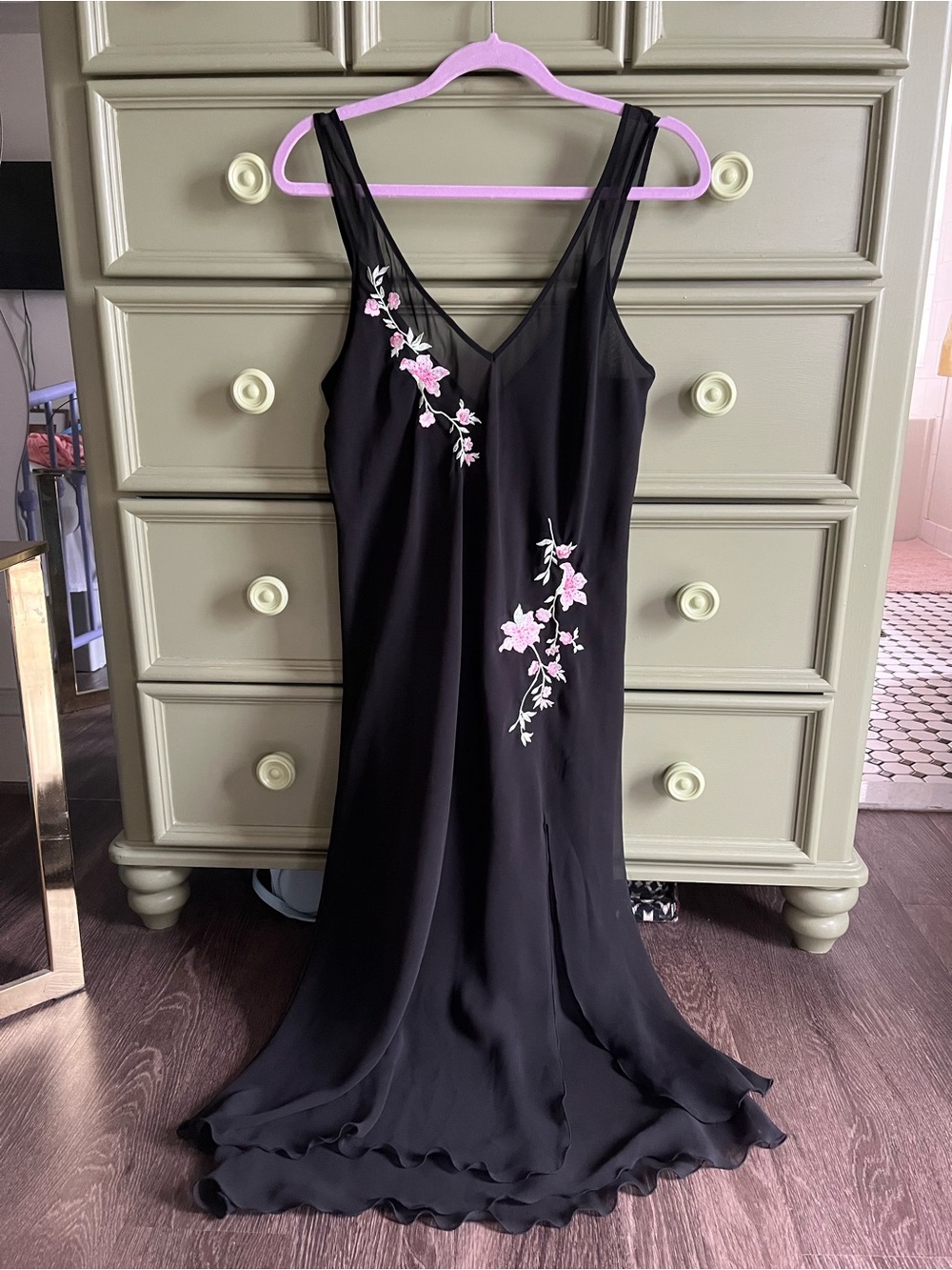delicates Black Midi Slip Dress with Pink Floral Embroidery